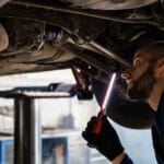 Mechanik z latarką ogląda podwozie auta w warsztacie